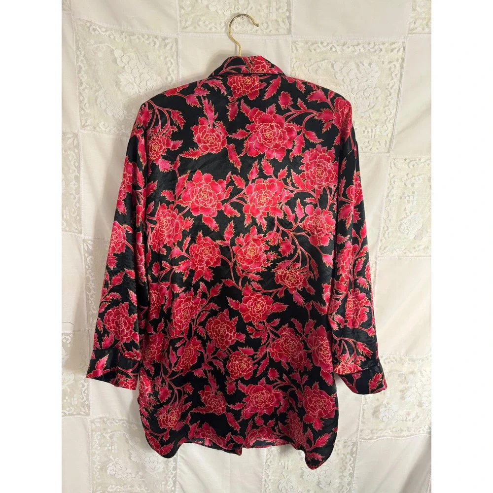 VTG Gold Label Victoria's Secret Black Red Floral Satin Button Up Robe Size L-XL